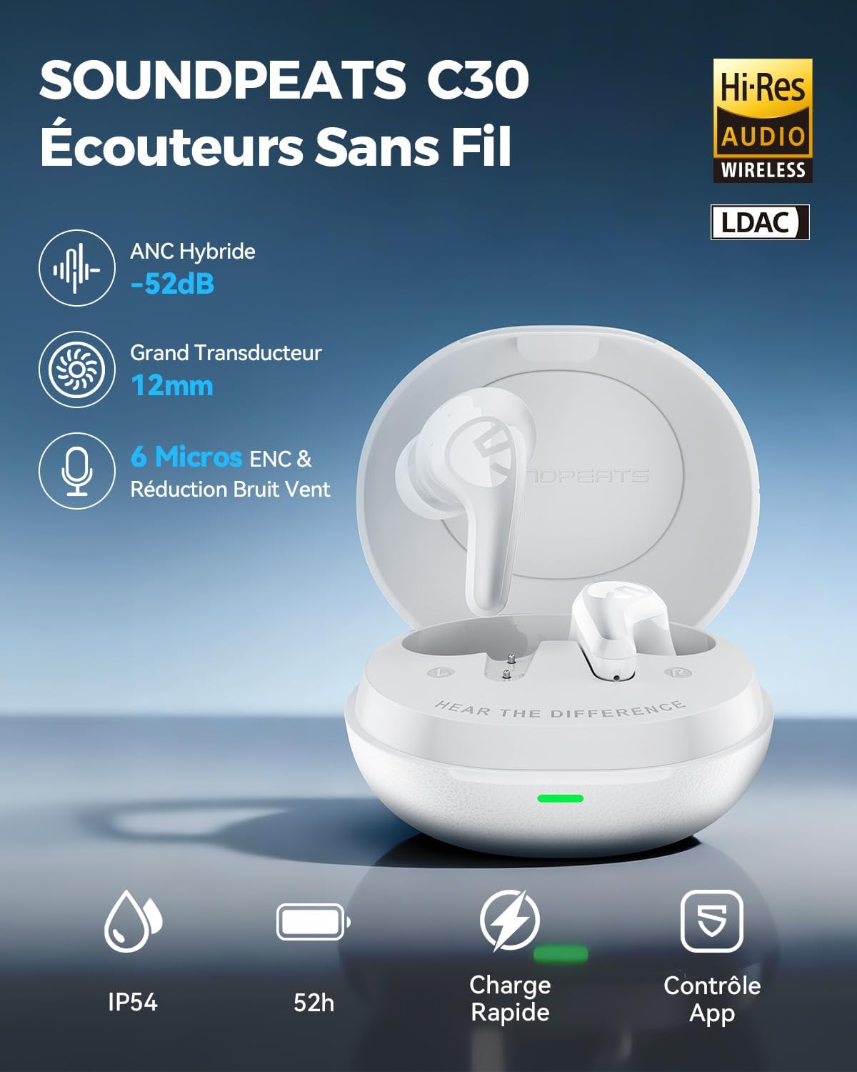 Беспроводные наушники TWS SOUNDPEATS C30 с гибридным шумоподавлением и Hi-Res Audio
